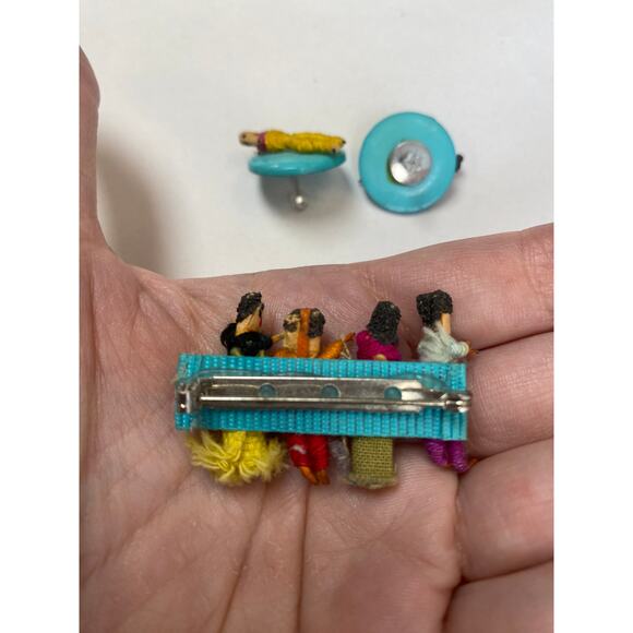 vintage 1980s Guatemalan folk art worry doll brooch and earring set wearable art - Picture 4 of 5